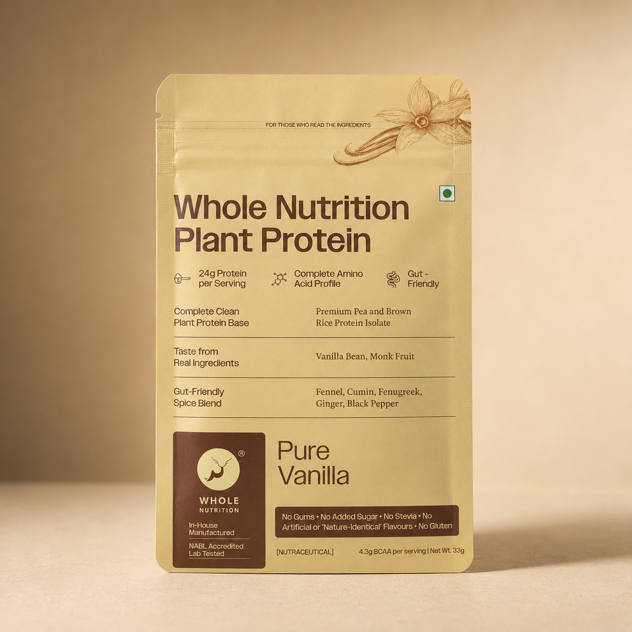 A stand-up pouch of Whole Nutrition Plant Protein in Vanilla Bean, Mock Fruit flavor, shown on a warm beige background. The packaging is cream-colored with dark brown text and a dark brown logo block at the bottom left.
