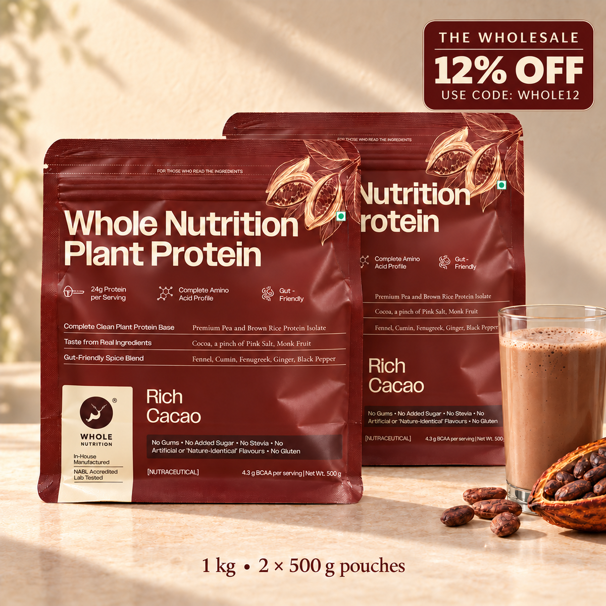 Two pouches of NutriNutrition Whole Nutrition Plant Protein in Rich Cacao flavor, displayed on a warm beige surface with a glass of chocolate drink, cocoa beans, and a promotional wholesale discount badge in the top right corner.