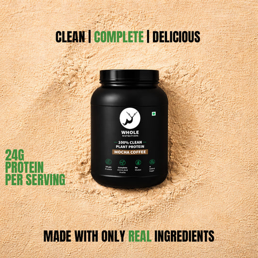 WHOLE NUTRITION PLANT PROTEIN protein powder container with branding on a beige background