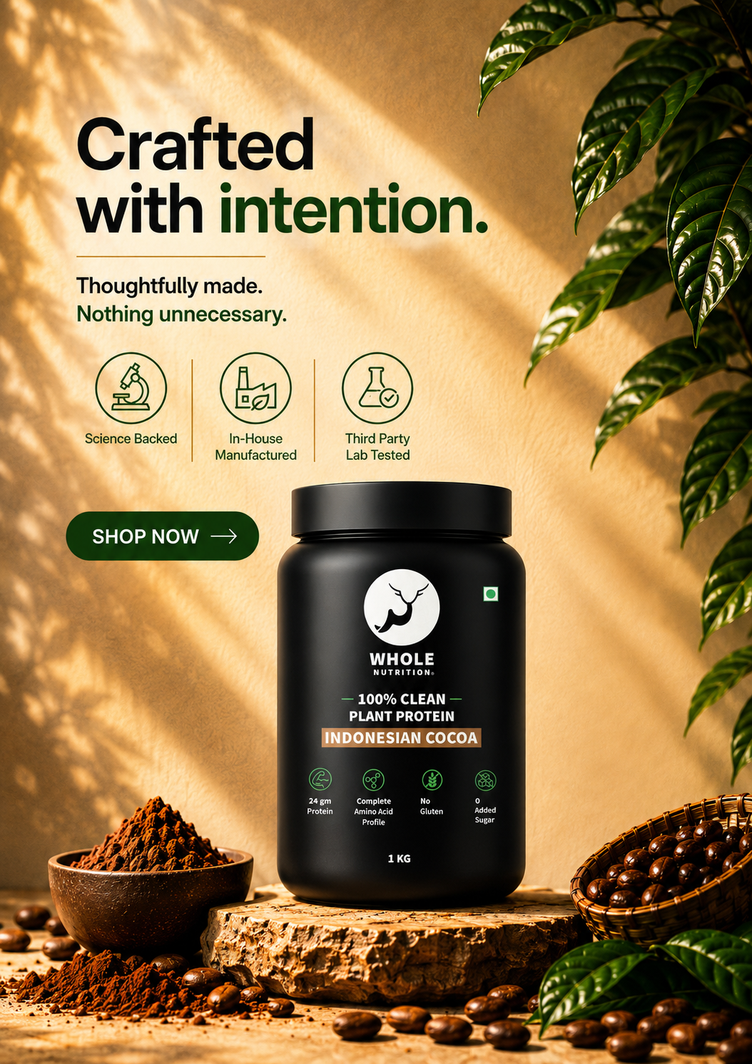 Whole nutrition plant Black protein powder container with 'Whole Protein' branding on a wooden surface with coffee beans and leaves.