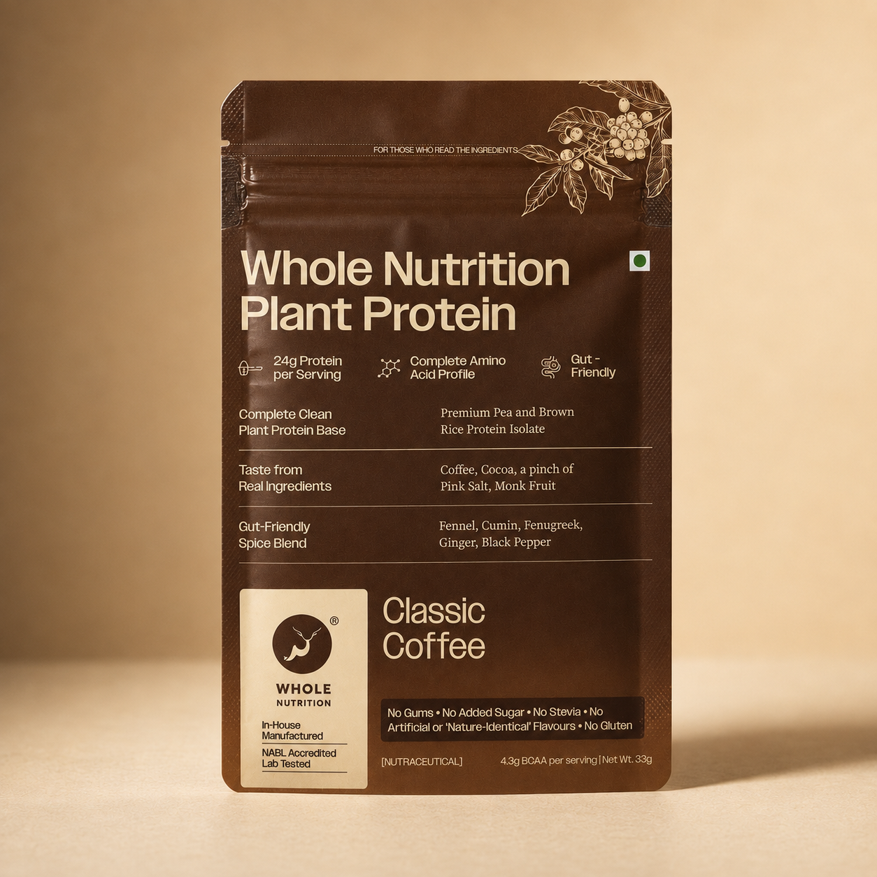 A stand-up pouch of Classic Coffee Whole Nutrition Plant Protein powder, featuring a dark brown color with white text and illustrations, set against a warm beige background.