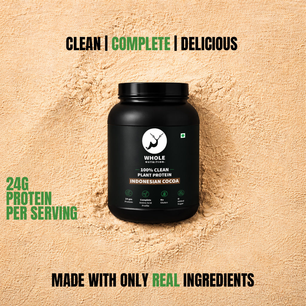 whole nutrition plant protein powder container with branding on a beige background