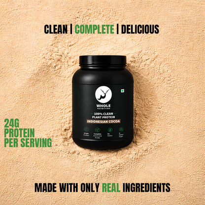 whole nutrition plant protein powder container with branding on a beige background