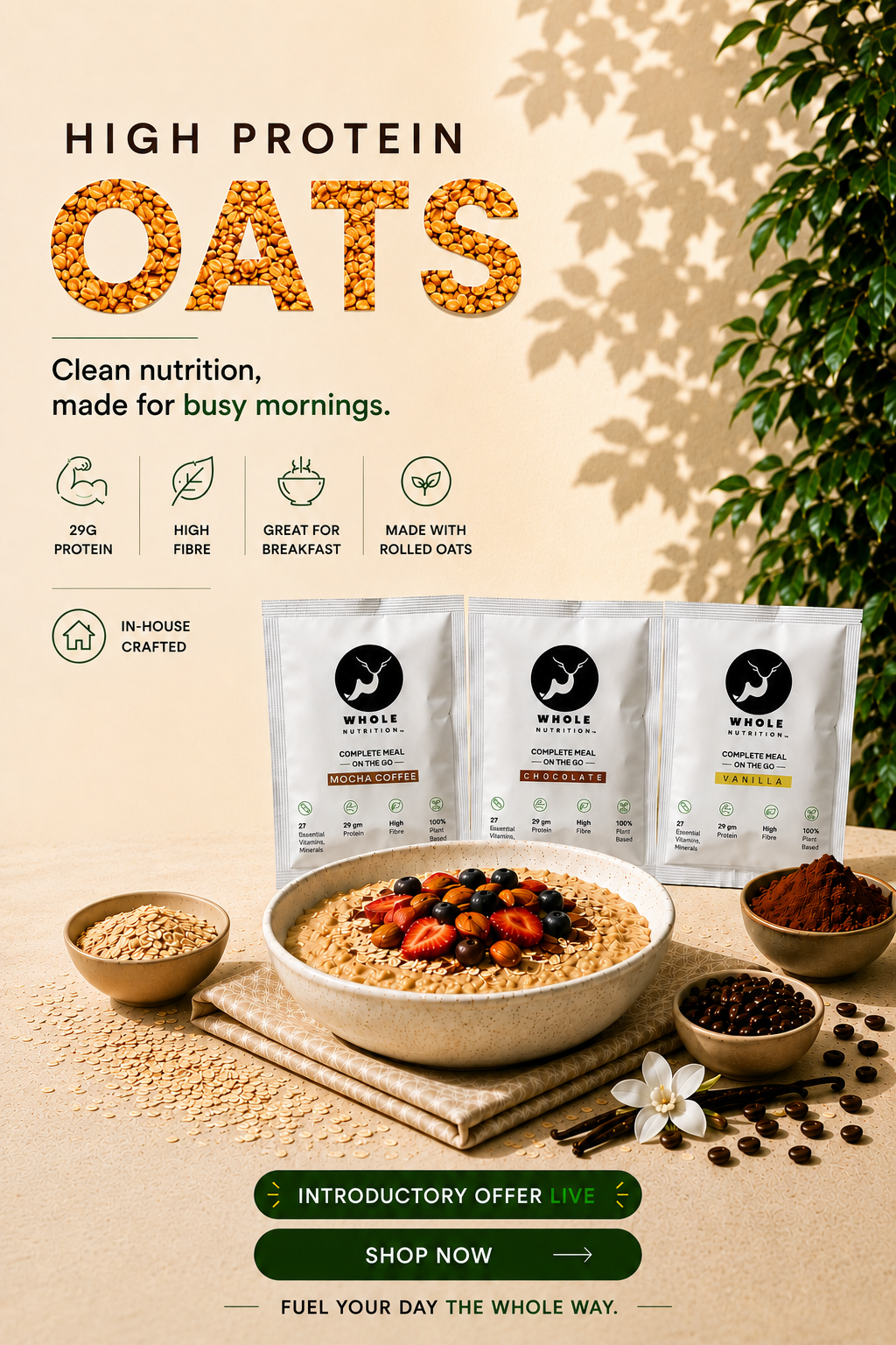 image of Whole Nutrition high protein oats with a bowl of oatmeal and packaging on a natural background