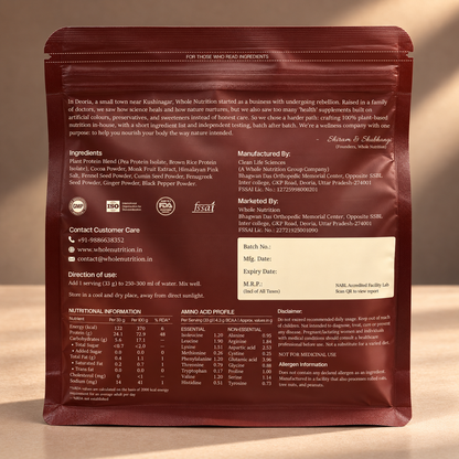 Back of Whole Nutrition Rich Cacao Plant Protein 500g pouch showing ingredients and nutrition information