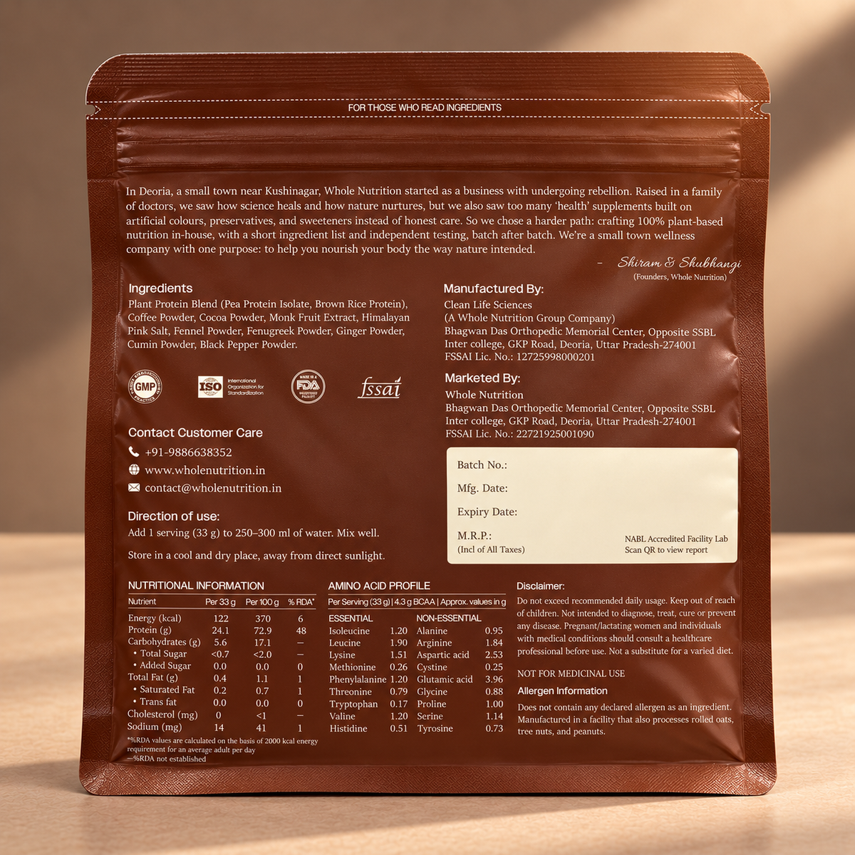 Back of Whole Nutrition Classic Coffee Plant Protein 500g pouch showing ingredients and nutrition information