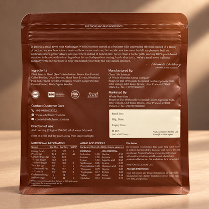 Back of Whole Nutrition Classic Coffee Plant Protein 500g pouch showing ingredients and nutrition information