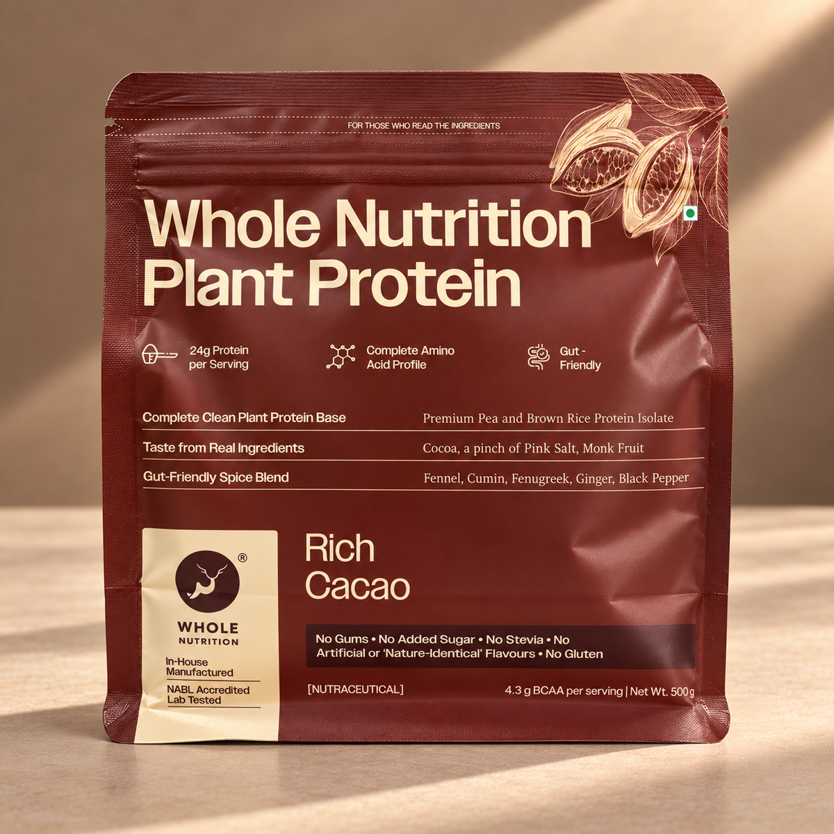 plant-protein-500g-front.pngWhole Nutrition Rich Cacao Plant Protein 500g pouch, front view