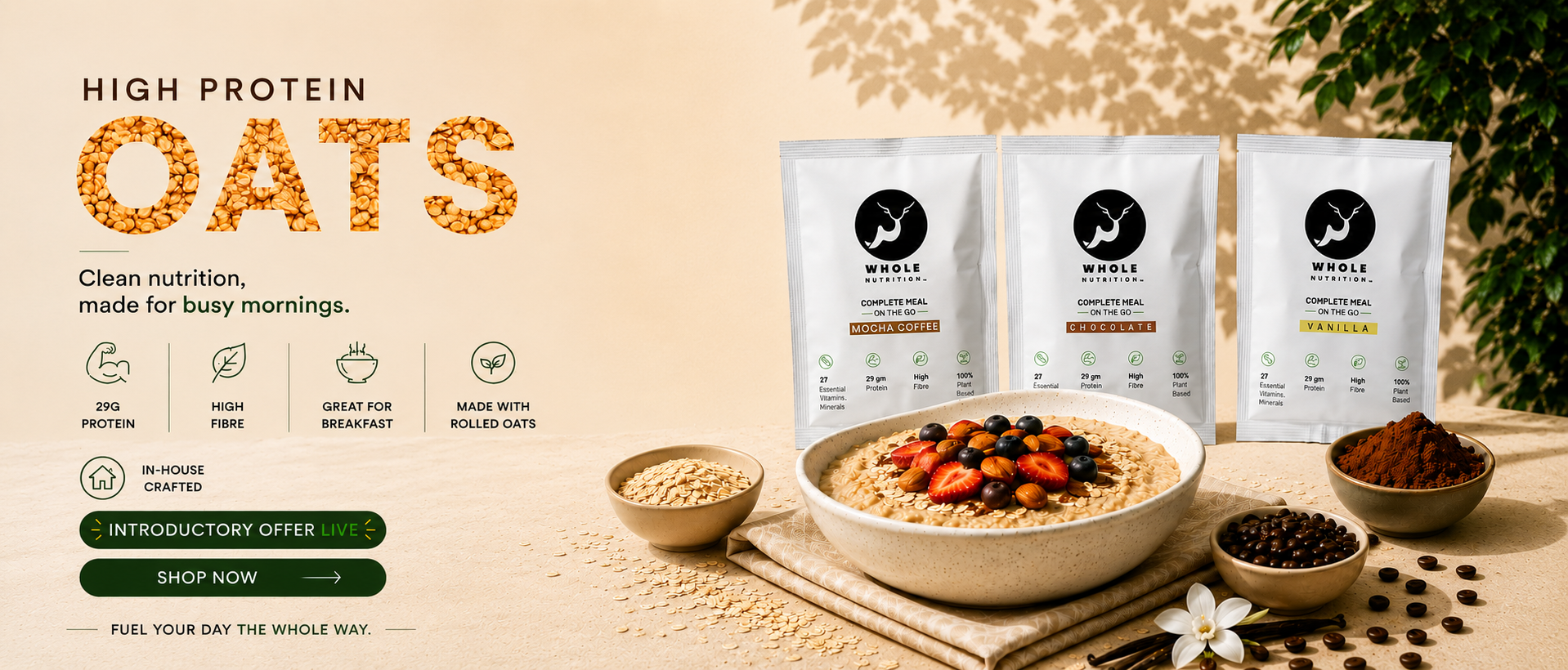 Whole Nutrition high protein assorted Oatmeal packaging with bowls of oatmeal and ingredients on a beige background