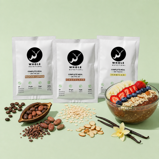 whole nutrition high protein oats meal assorted pack image with bowl of oats meal and vanilla beans, cocoa powder, coffee beans image