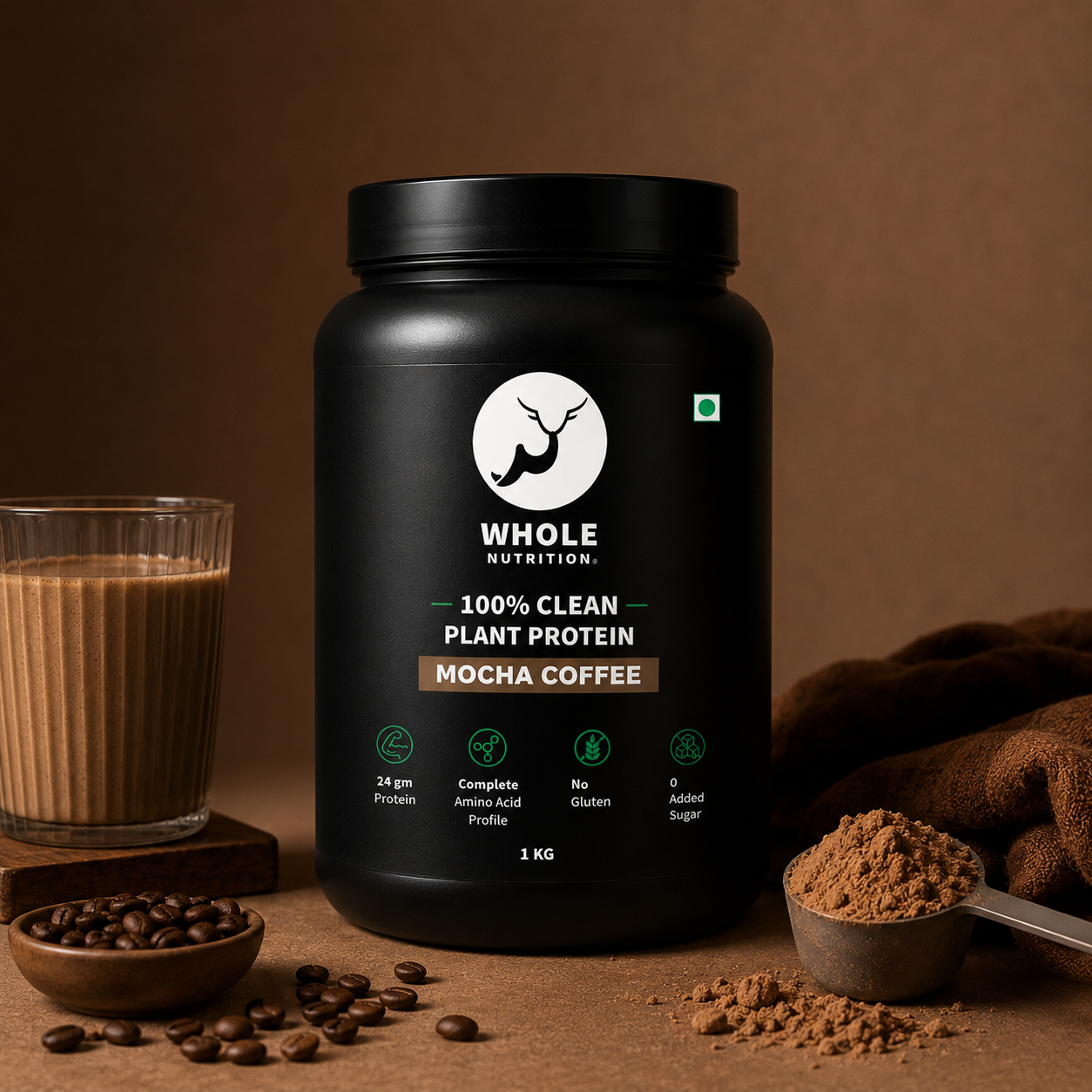 plant protein powder container labeled 'Whole Nutrition' with mocha coffee flavor, surrounded by coffee beans and a glass of coffee.