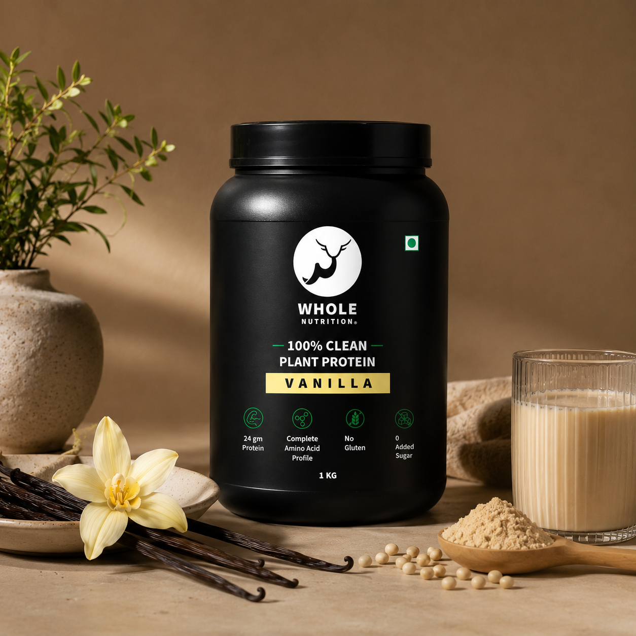 Whole Nutrition Plant protein powder container with vanilla flavor on a wooden surface with vanilla beans and a glass of milk.