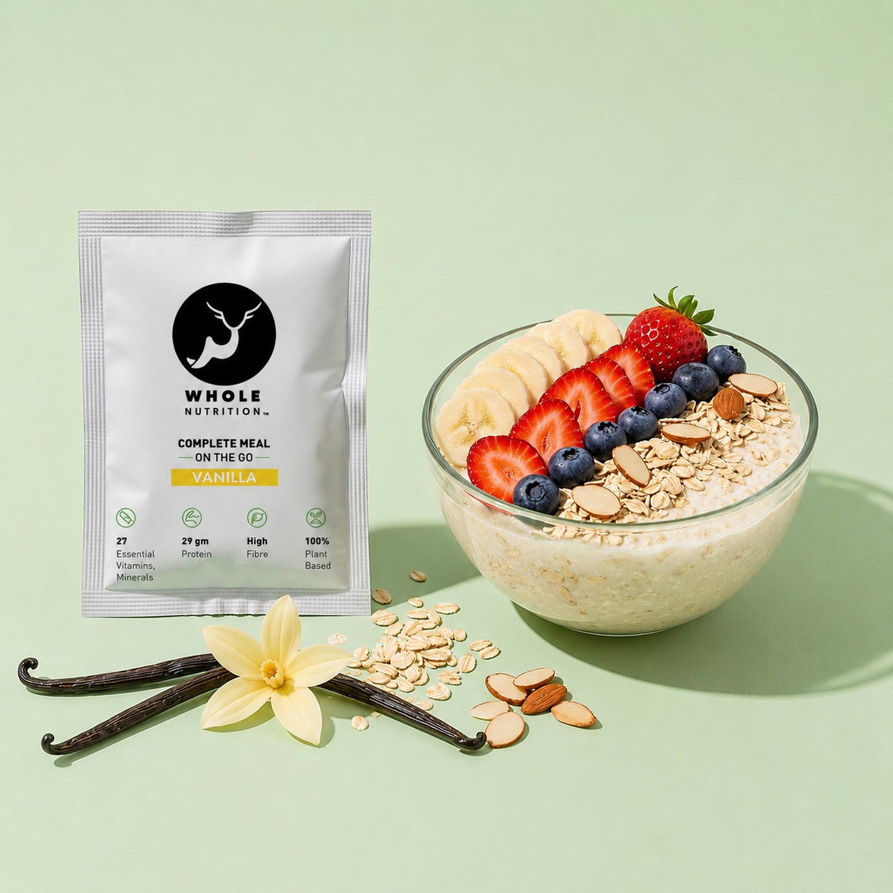 Whole Nutrition high protein oats package with a bowl of oats, berries, and nuts on a light green background