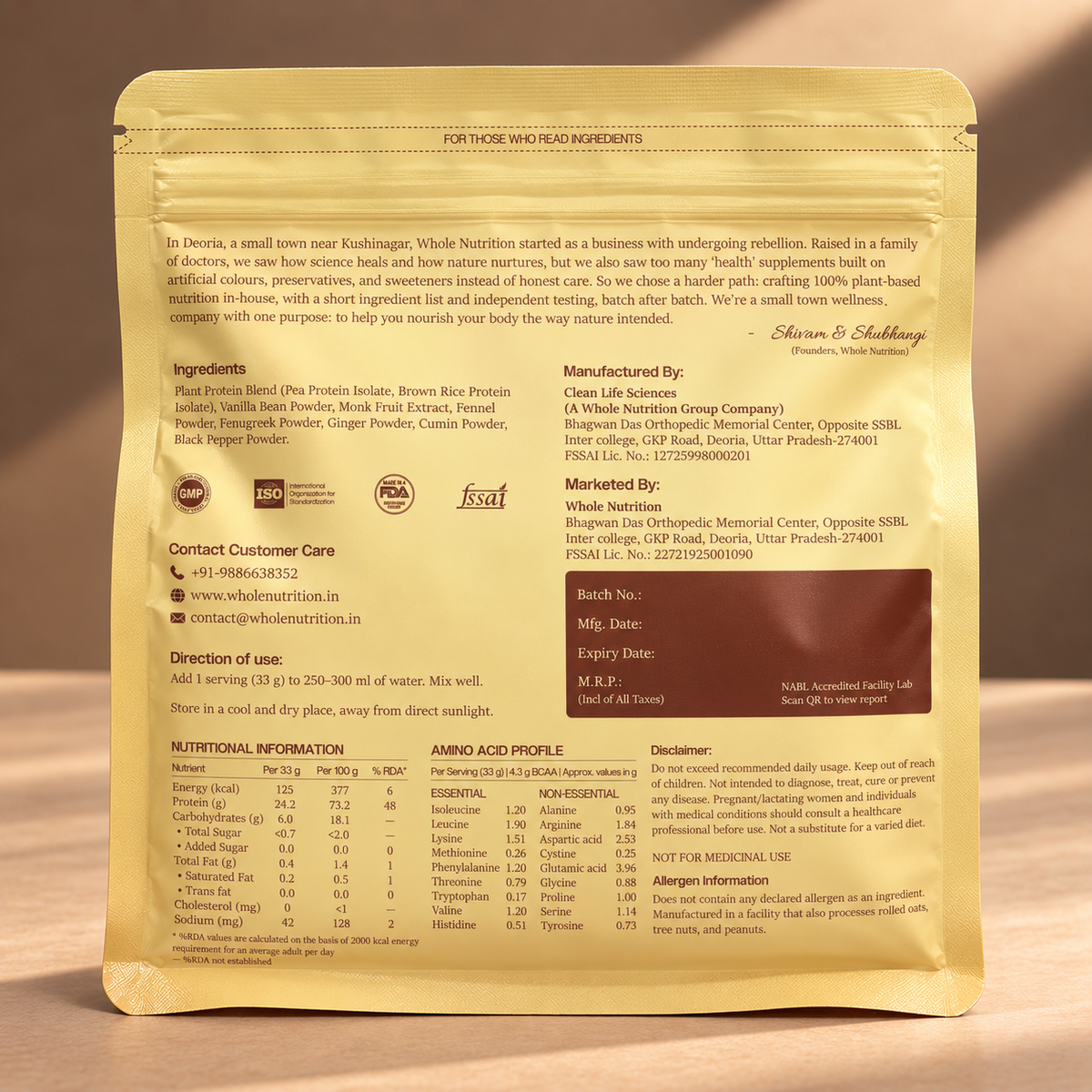 Back of Whole Nutrition Pure Vanilla Plant Protein 500g pouch showing ingredients and nutrition information