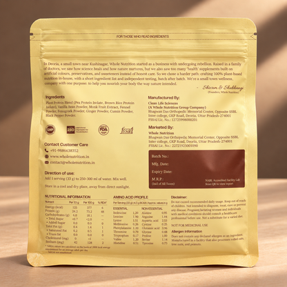 Back of Whole Nutrition Pure Vanilla Plant Protein 500g pouch showing ingredients and nutrition information