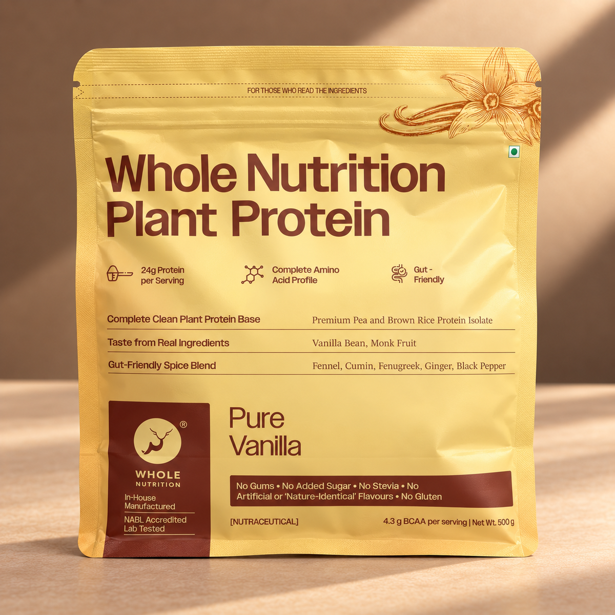 Whole Nutrition Pure Vanilla Plant Protein 500g pouch, front view
