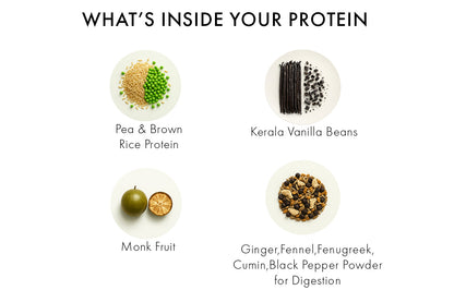 Ingredients listed as part of whole nutrition plant protein vanilla flavour product on a white background