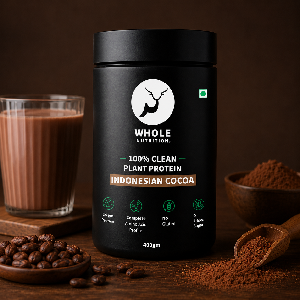 whole nutrition plant protein powder container with 'Whole Nutrition' branding on a wooden surface with cocoa beans and a glass of chocolate milk.