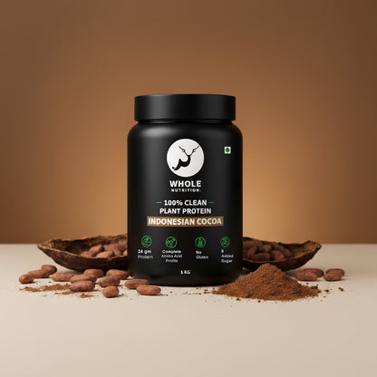 plant  protein powder container with 'Whole Nutrition' branding on a brown background