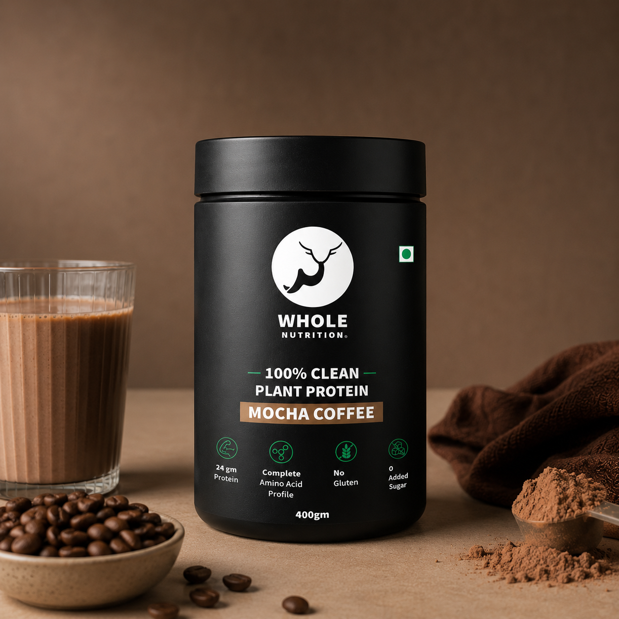 whole nutrition plant protein powder container with mocha coffee flavor on a brown background
